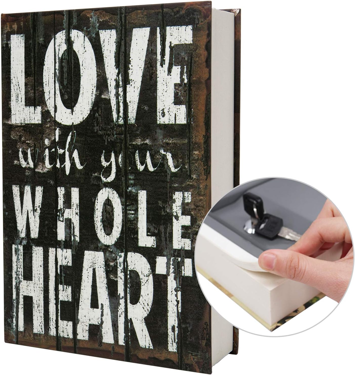 Real Paper Transfer Book Safe, Hollow with Secret Hidden Compartment, Key Lock, 8.7"×6"×2" (LOVE-Key)