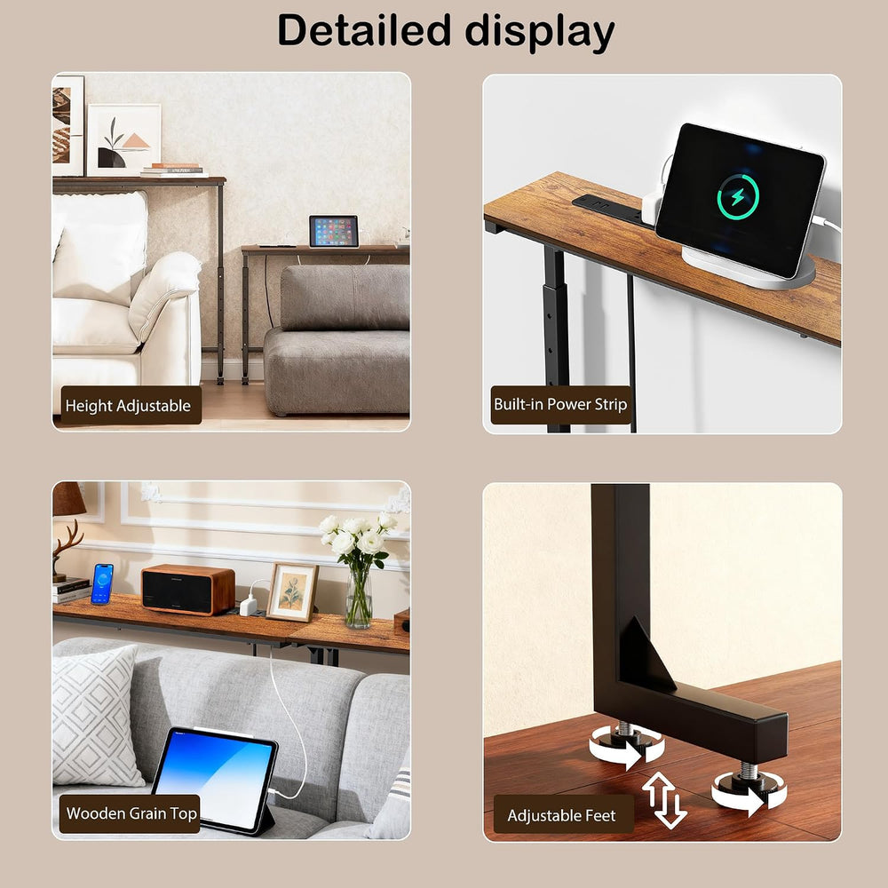 Adjustable Height Narrow Sofa Table with Built-in Power Outlets, 70" Lon...