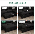 HONBAY Modular Sectional Sleeper Sofa Bed, with Pull Out Bed, Linen Convertible Sectional Couches for Living Room - Black
