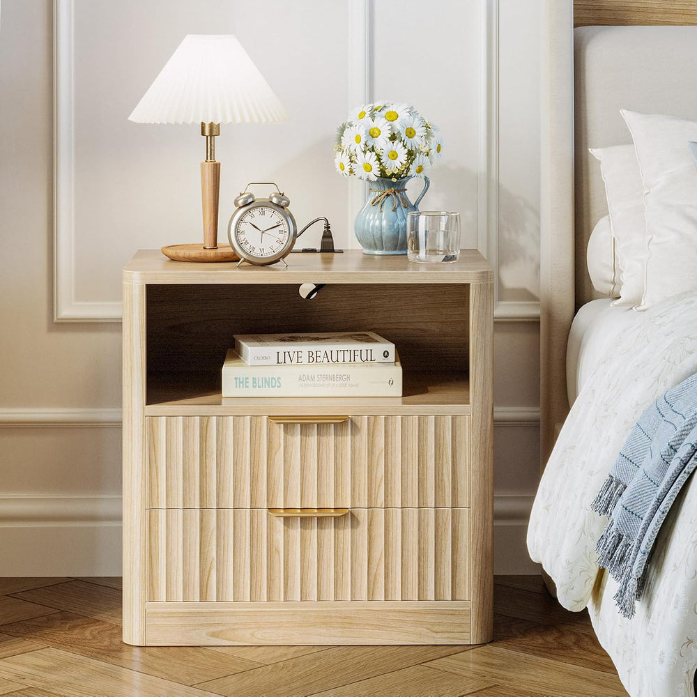 IRONCK Fluted Night Stand Set of 2, Oak