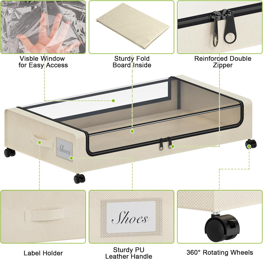Under Bed Storage with Wheels, XXL 60L Under the Bed Storage Bins, Underbed Storage Containers with Lids & Label, Rolling Metal Drawer for Shoes, Clothes, Books, Toys (2-Pack Beige)