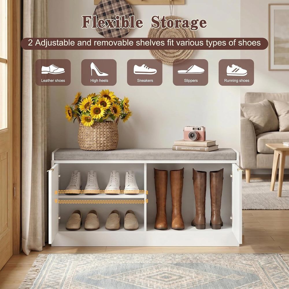Fluted Shoe Storage Bench with Cushion, 2-Tier Entryway Shoe Bench with Adjus...