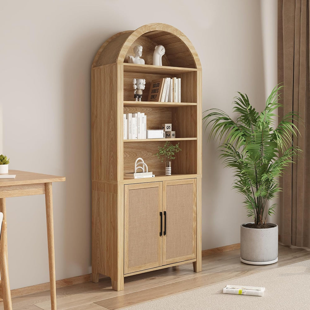 Janmer Home 71" Tall Boho Rattan Arched Bookcase with Doors, Natural