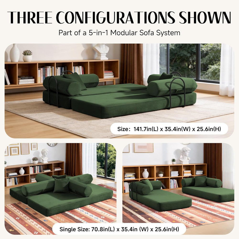 79" Corduroy Sofa Bed, Couch in a Box with 2 Pillows, High-Density Foam ...