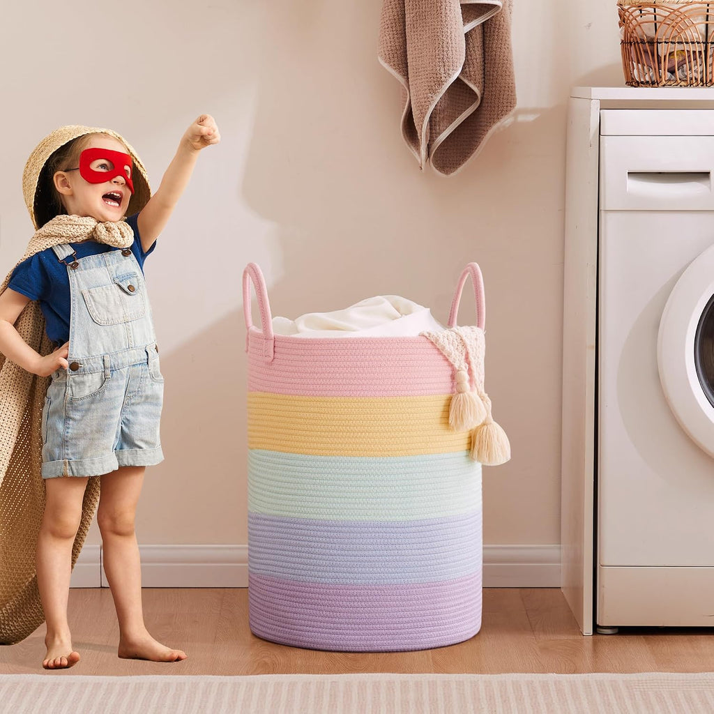 Large Rainbow Hamper Laundry Basket for Baby Girls Kids Nursery | 60L Pastel Unicorn Woven Clothes Hamper Tall Blanket Basket in Playroom Bedroom 15Dx20H inches