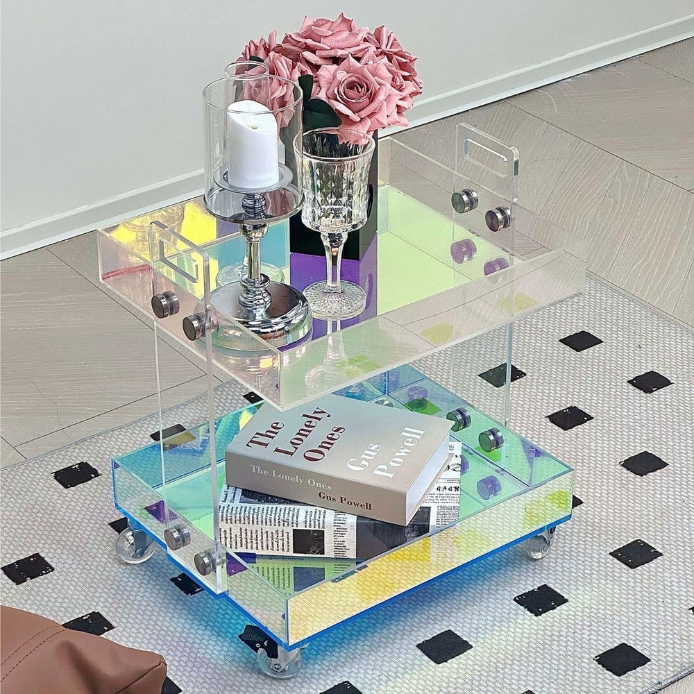 Acrylic End Table with Wheels, 2/3 Tiers Acrylic Bar Cart, Rolling Utility Ca...