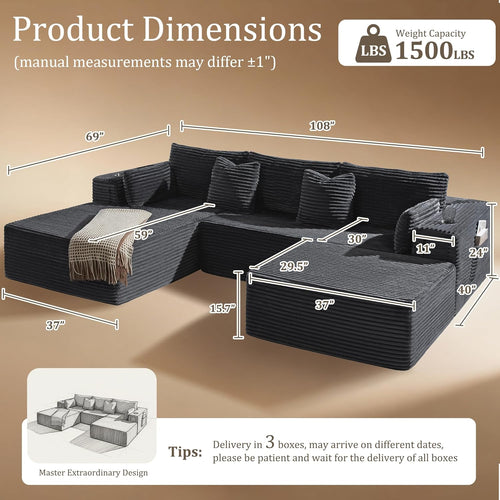 108" Oversized Cloud Sectional Couch, Comfort U Shaped Boneless Couch for Living Room, Extra Deep Seats No Assembly, Modular Sofa, Corduroy (Dark Grey, 2 Seater + Left Facing Chaise + Ottoman)