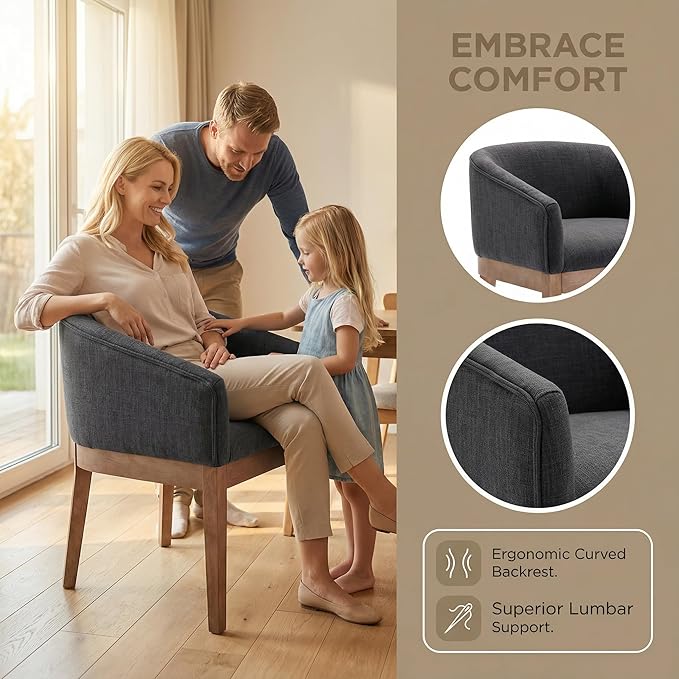 Wahson Mid Century Barrel Dining Chairs Set of 6, Charcoal Dining Room Chairs with Arms, Linen Upholstered Kitchen Chairs with Natural Wood Legs, for Bedroom/Living