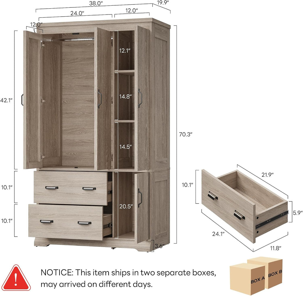 LIKIMIO Wardrobe Closet, 70" Tall 4 Doors Large Wooden Closet with 2 Drawers, 3 Shelves Bedroom Armoire with Hanging Rod, Freestanding Storage Cabinet for Hanging Clothes, Light Oak