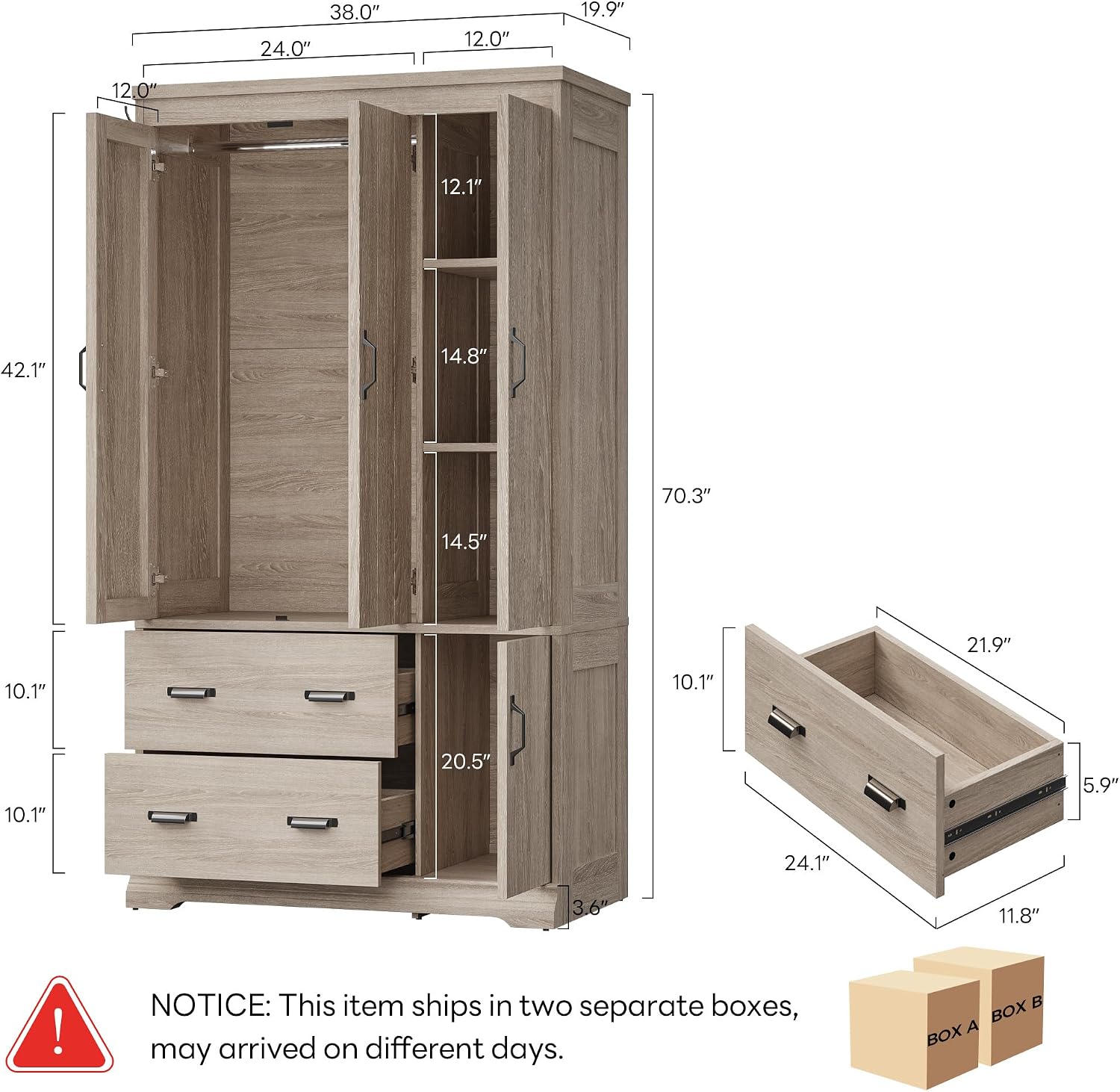 LIKIMIO Wardrobe Closet, 70" Tall 4 Doors Large Wooden Closet with 2 Drawers, 3 Shelves Bedroom Armoire with Hanging Rod, Freestanding Storage Cabinet for Hanging Clothes, Light Oak