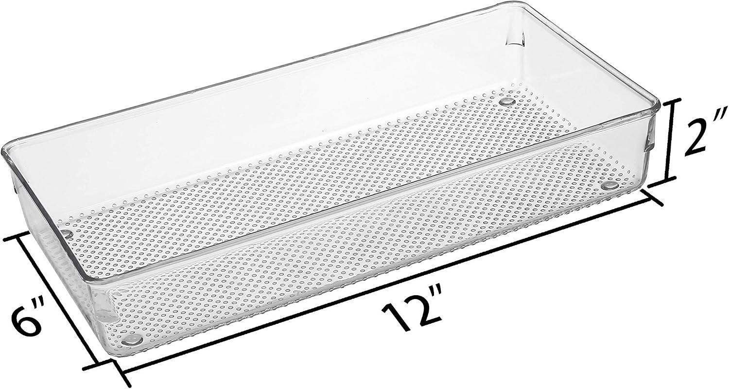 4Pack Large Size Clear Plastic Desk Drawer Dividers Drawer Organizer Wide Tray for Makeup,Kitchen Utensils,Jewelries and Gadgets 12’’x6’’