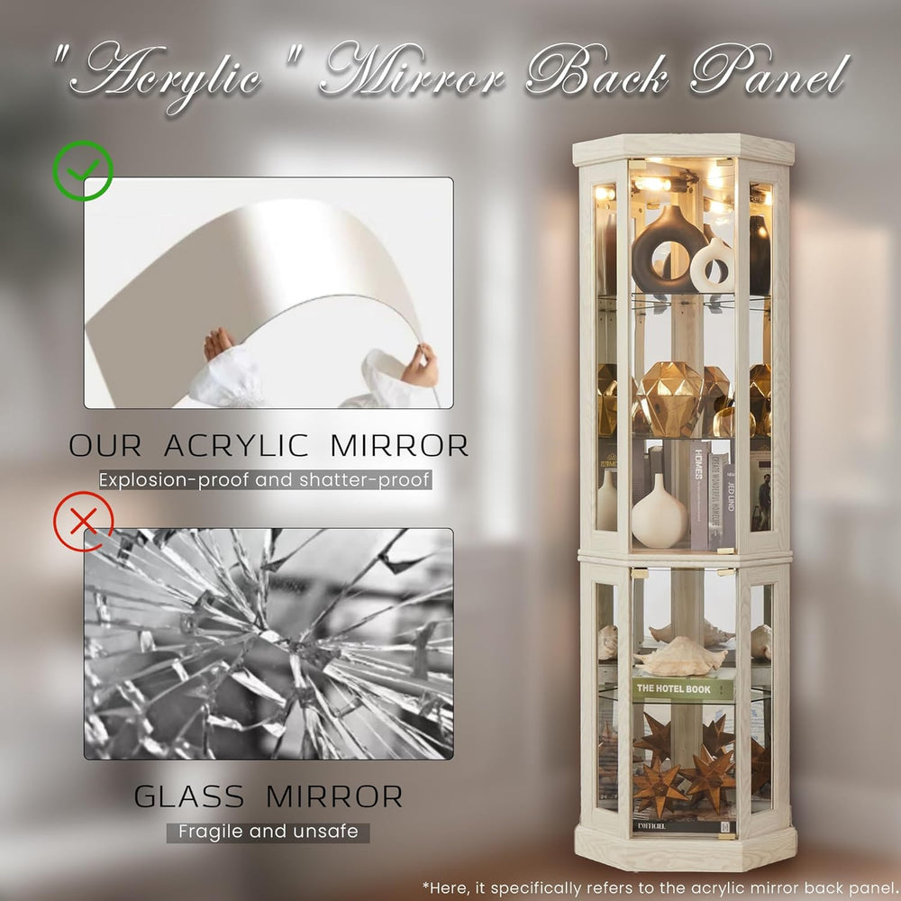 Corner Curio Cabinet, 70" H Lighted Glass Display Cage with Tempered Gla...