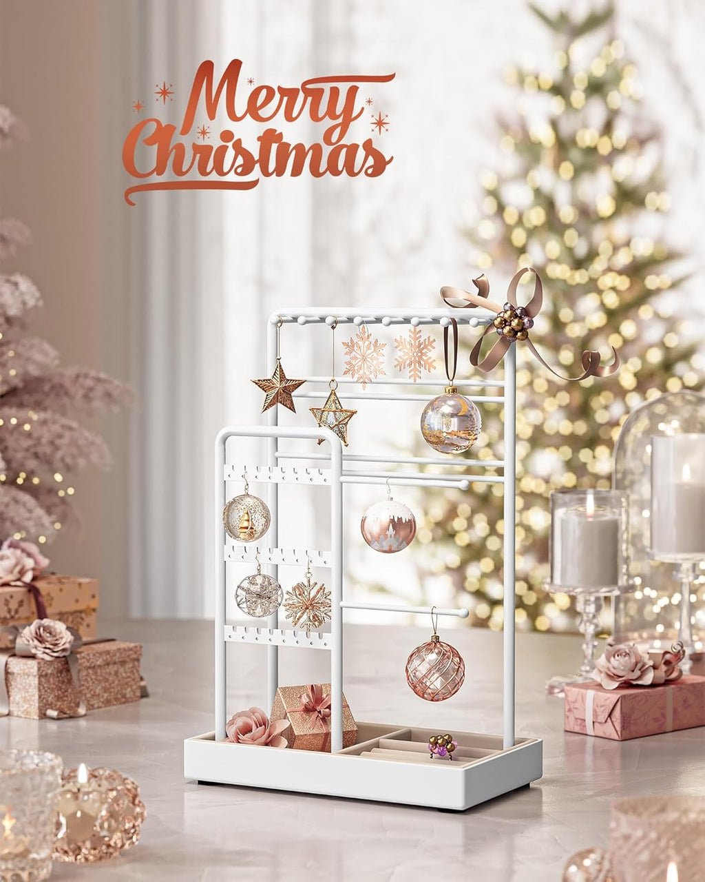 SONGMICS Jewelry Holder, Jewelry Organizer, Jewelry Display Stand with Metal Frame, Velvet Tray, Necklace Earring Bracelet Holder, for Studs, Rings, Christmas Gift, Matte White UJJS021W01