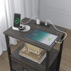 sthmec Nightstand with Charging Station, LED Night Stand Set of 2, Bedside Table End Table with Drawer, Bedroom Tables with 2 Fabric Drawers, 3-Tier Storage Side Table for Bedroom, Black Oak