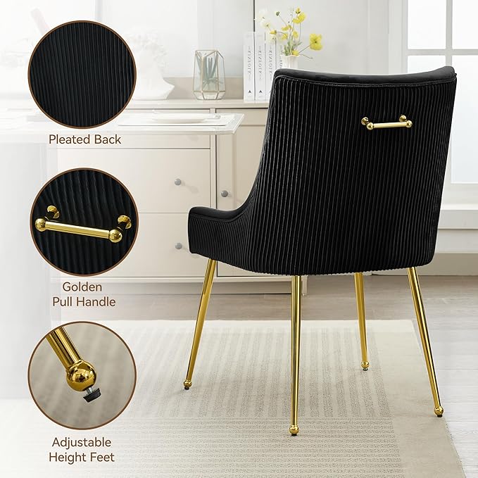 Velvet Dining Chairs Set of 6 Gold Legs,Upholstered Velvet Accent Chairs, Pleated Back Design & Gold Pull Handle, Mid Century Modern Chairs for Dining/Kitchen/Living Room,Black