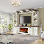 AMERLIFE 98in Farmhouse Entertainment Center with 36" Fireplace, TV Stand, Bookshelf, Wine Cabinet, Fits 75" TVs, Wall Unit Media Console with Power Outlets & Barn Doors, Living Room, Off-White