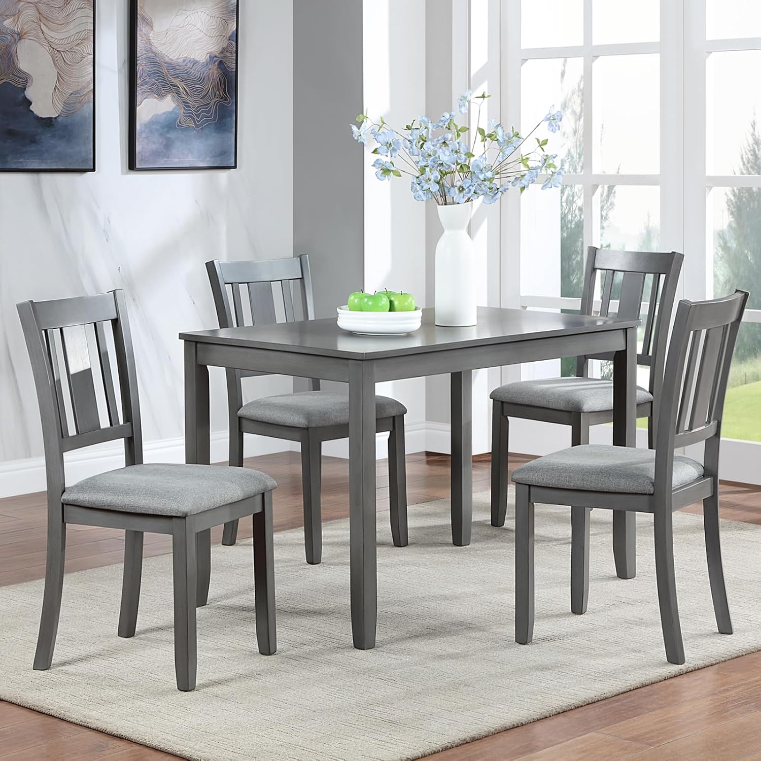 LUMISOL 5-Piece Modern Dining Set, Rectangular Wooden Kitchen Table with 4 Upholstered Chairs for Kitchen, Dining Room, Living Room, Grey