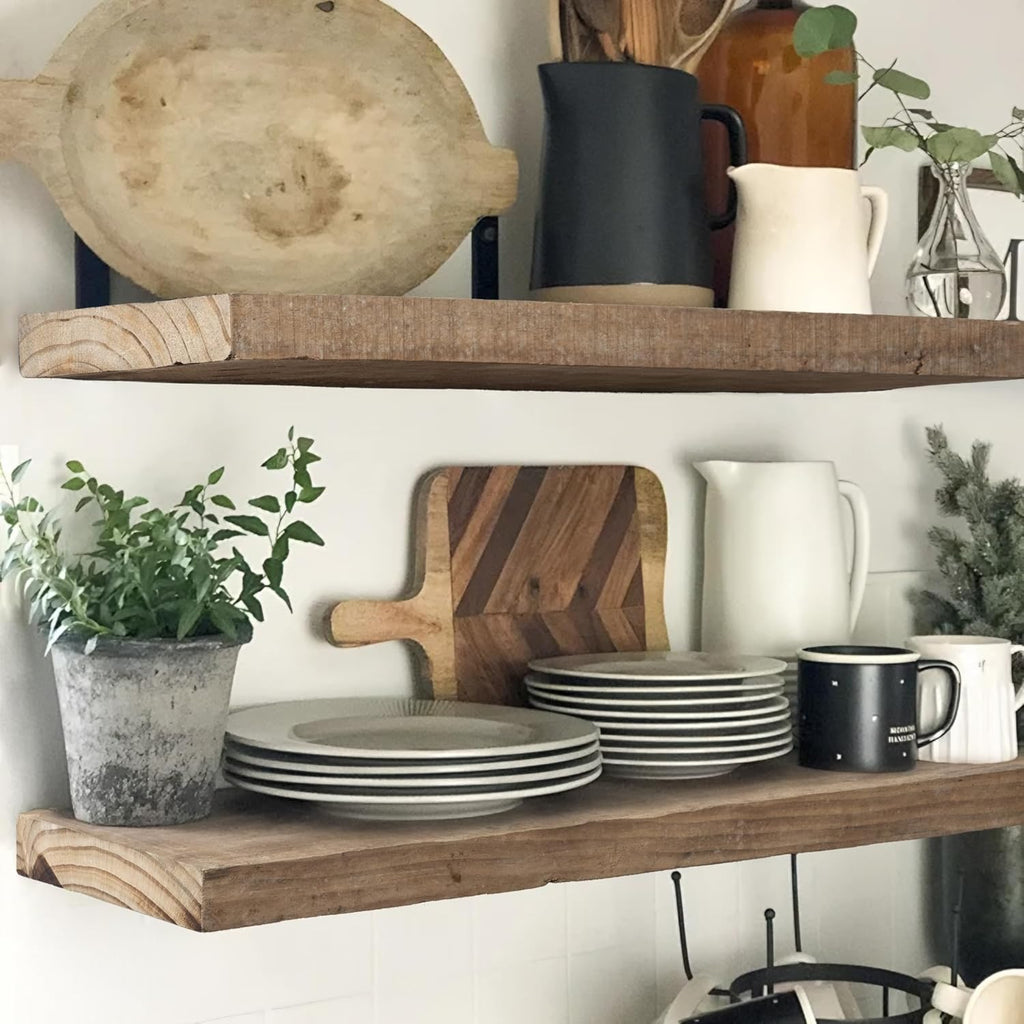 Floating Shelves, 8 Inch Deep Rustic Solid Reclaimed Wood Wall Shelves for Storage, Wall Mounted Display Shelving with Invisible Heavy-Duty Metal Bracket, 24 Inch Width Set of 2, Natural