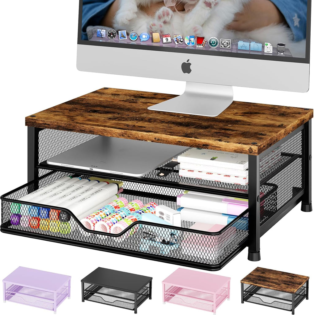 OPNICE Computer Monitor Stand Riser, Desk Organizer with Drawer, Laptop Stand, Office Desk Accessories & Workspace Desktop Organizers Storage for Office Supplies(Brown)