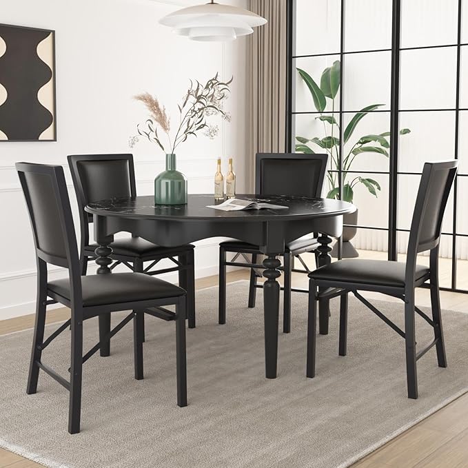 VECELO Folding Chairs Set of 2 with Cushion, Foldable Padded Seats with Heavy Duty Metal Frame for Kitchen/Dining/Living Room, No Assembly & Space Saving Design, Solid Black