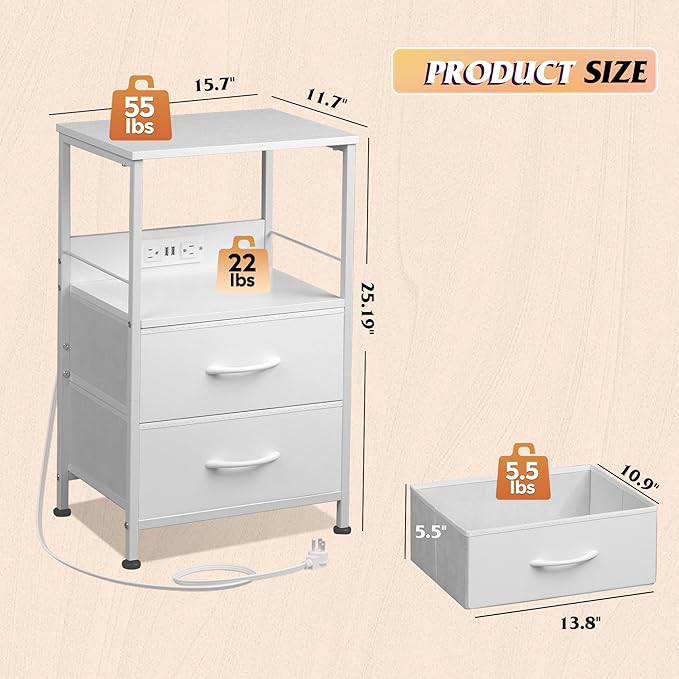 WLIVE White Night Stand Set of 2 with Charger Station, LED Nightstand with 2 ...