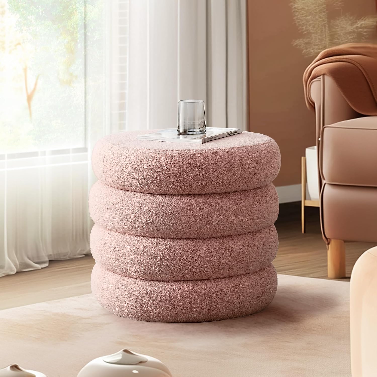 20.1 Inch Round Storage Ottoman, Modern Sherpa Ottoman Coffee Table with Removable Top, Pink Vanity Stool with Storage for Bedroom, Living Room, Dorm, Set of 1