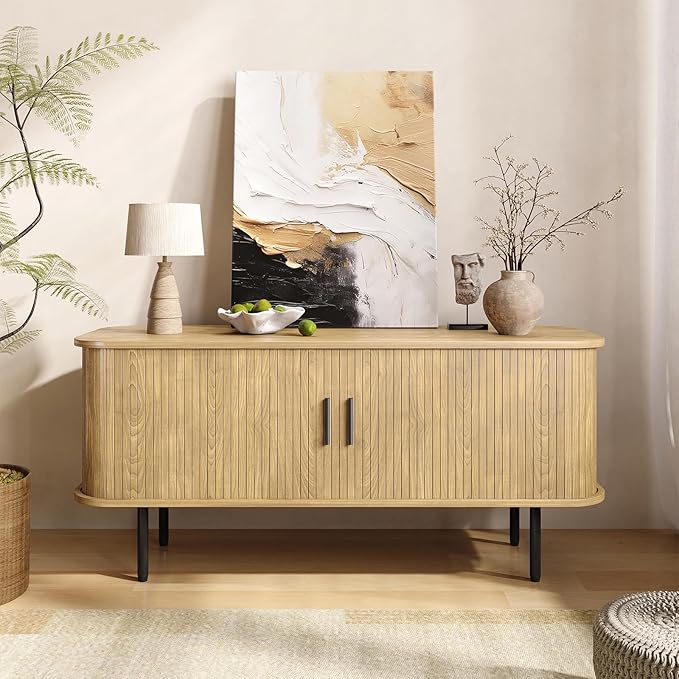 47''W Modern TV Stand Cabinet with Storage for TVs up to 60 Inch, Fluted TV Entertainment Center with Slatted Tambour Doors, Media Console for Living Room, Entryway, Natural
