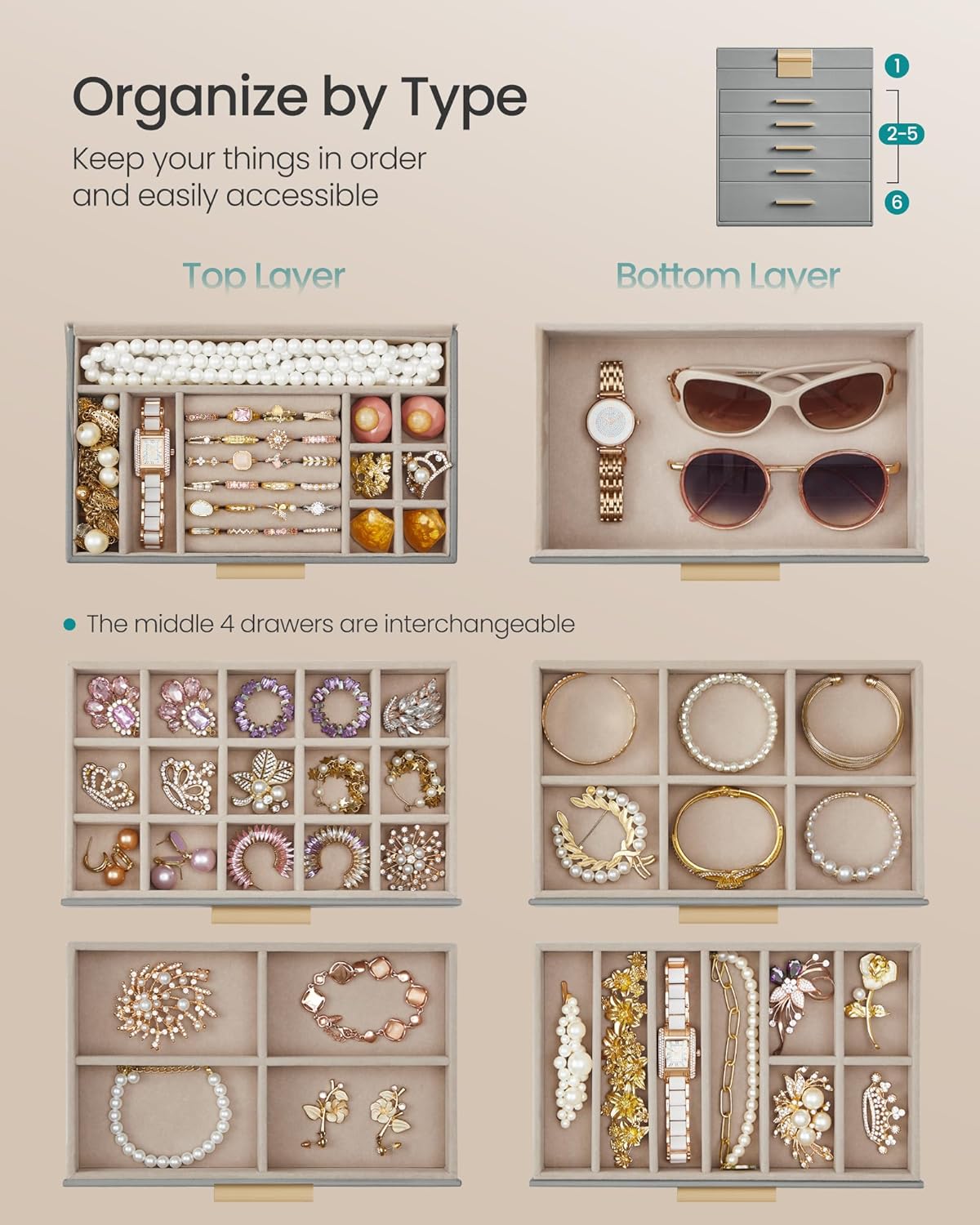 SONGMICS Jewelry Box Organizer with Glass Lid, 6-Layer Jewelry Storage, with 5 Drawers, Modern Style, Christmas Gift, 6.4 x 9.9 x 11.4 Inches, Dove Gray and Gold Color UJBC171G01