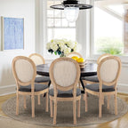 Rattan Back Upholstered Dining Chairs Set of 6 French Country Oval Kitchen Side Chairs with Wood Legs for Dining Room, Kitchen, Restaurant(Dark Grey-Rattan)