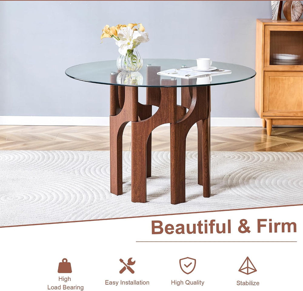Round Dining Table,46 Inch Glass Kitchen Dining Room Table with Wooden Walnut...