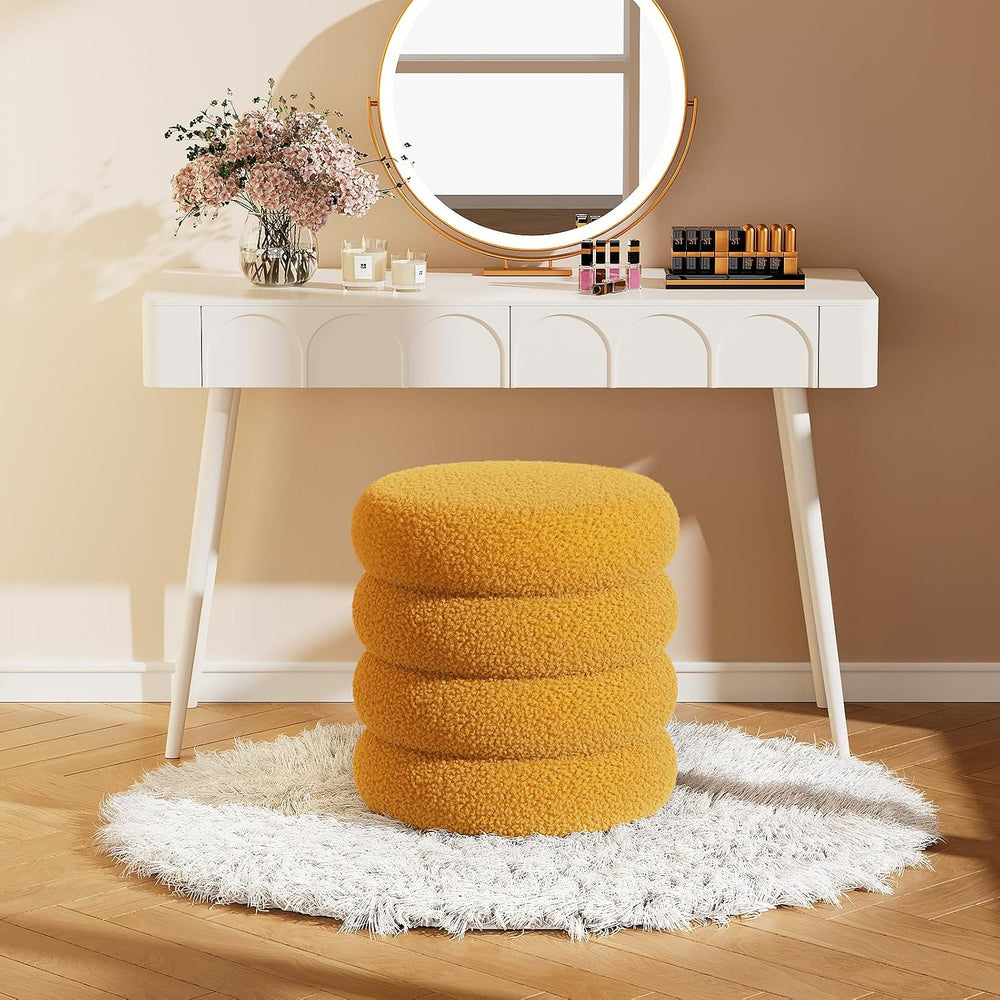 Soft Teddy Round Ottoman with Tray, 17.5 Inches Ottoman Coffee Table with Sto...