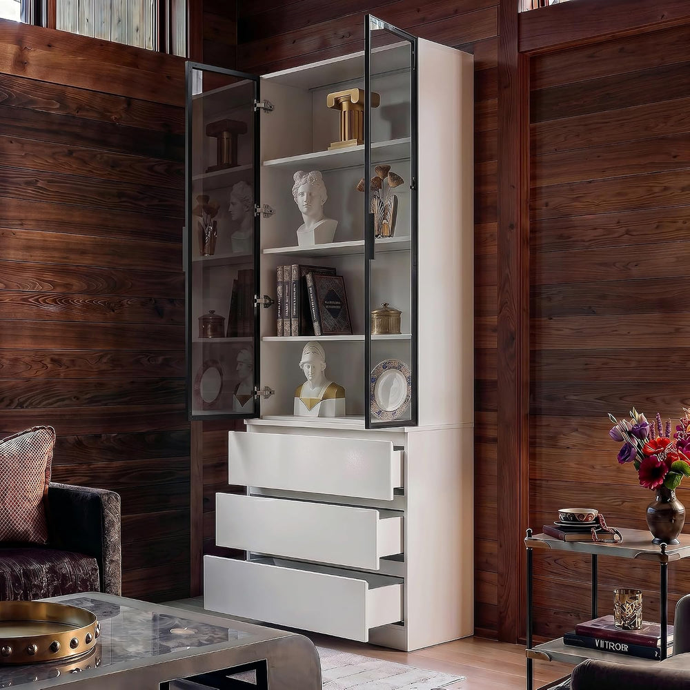 Homsee 92.5" H Lighted Kitchen Pantry Cabinet with 3 Drawers & Glass...