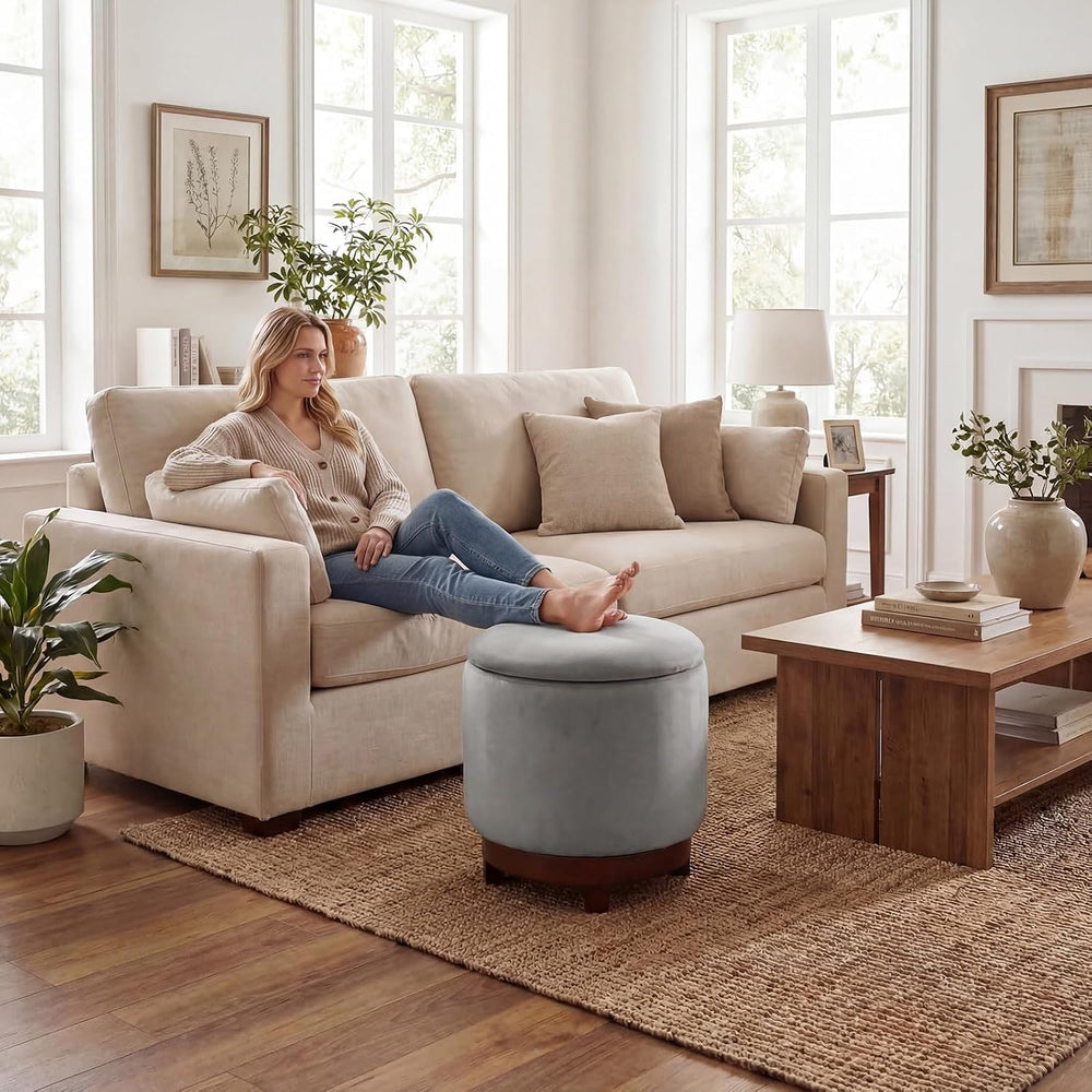 Giantex Round Ottoman with Storage, 360° Swivel Velvet Vanity Stool with Remo...