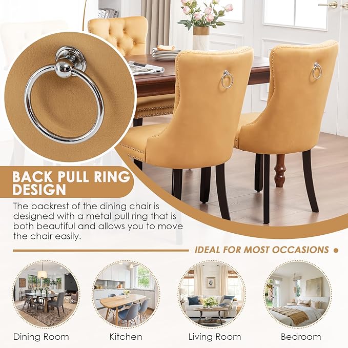 Kiztir Velvet Dining Chairs Set of 2, Upholstered Dining Chairs with Ring Pull Trim and Button Back, Luxury Tufted Dining Chair for Living Room, Bedroom, Kitchen (Gold)