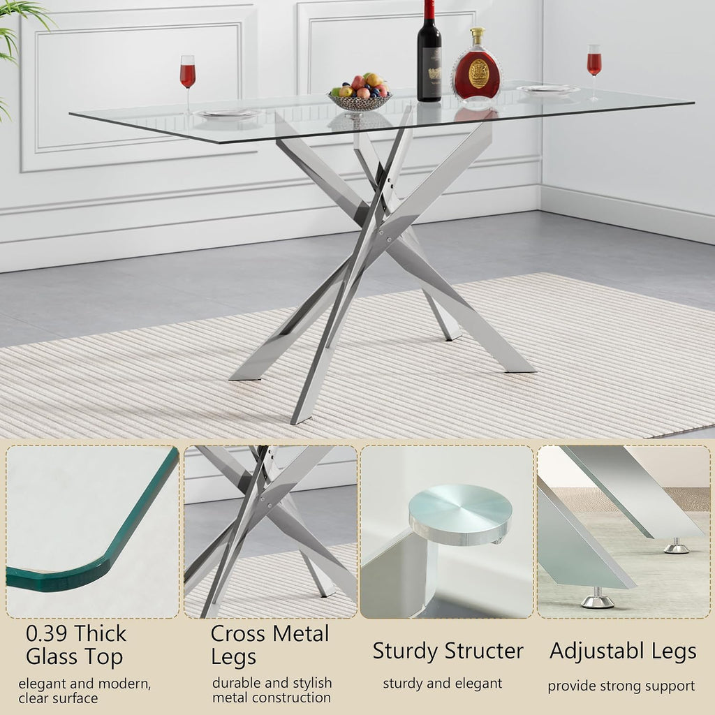 52'' 5 Piece Rectangular Glass Dining Table Set for 4 | Tempered Glass Dinner Table Set for 4 Kitchen Table Set with 4 Velvet Upholstered Chairs for Kitchen Dining Room