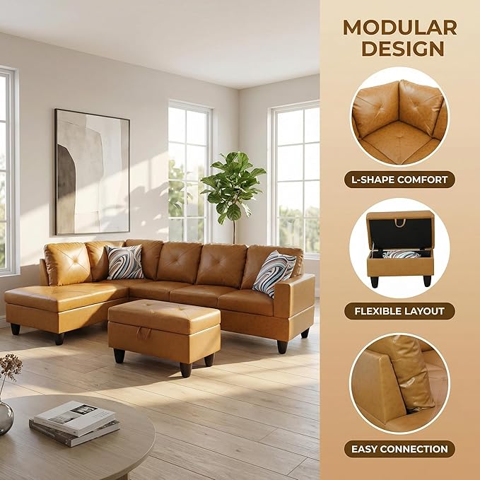 3-Piece L-Shaped Modular Leather Sofa – Convertible Sectional Couch with Movable Chaise & Storage Ottoman, Multi-Scene Use for Living Room, Apartment & Office, Ginger Yellow
