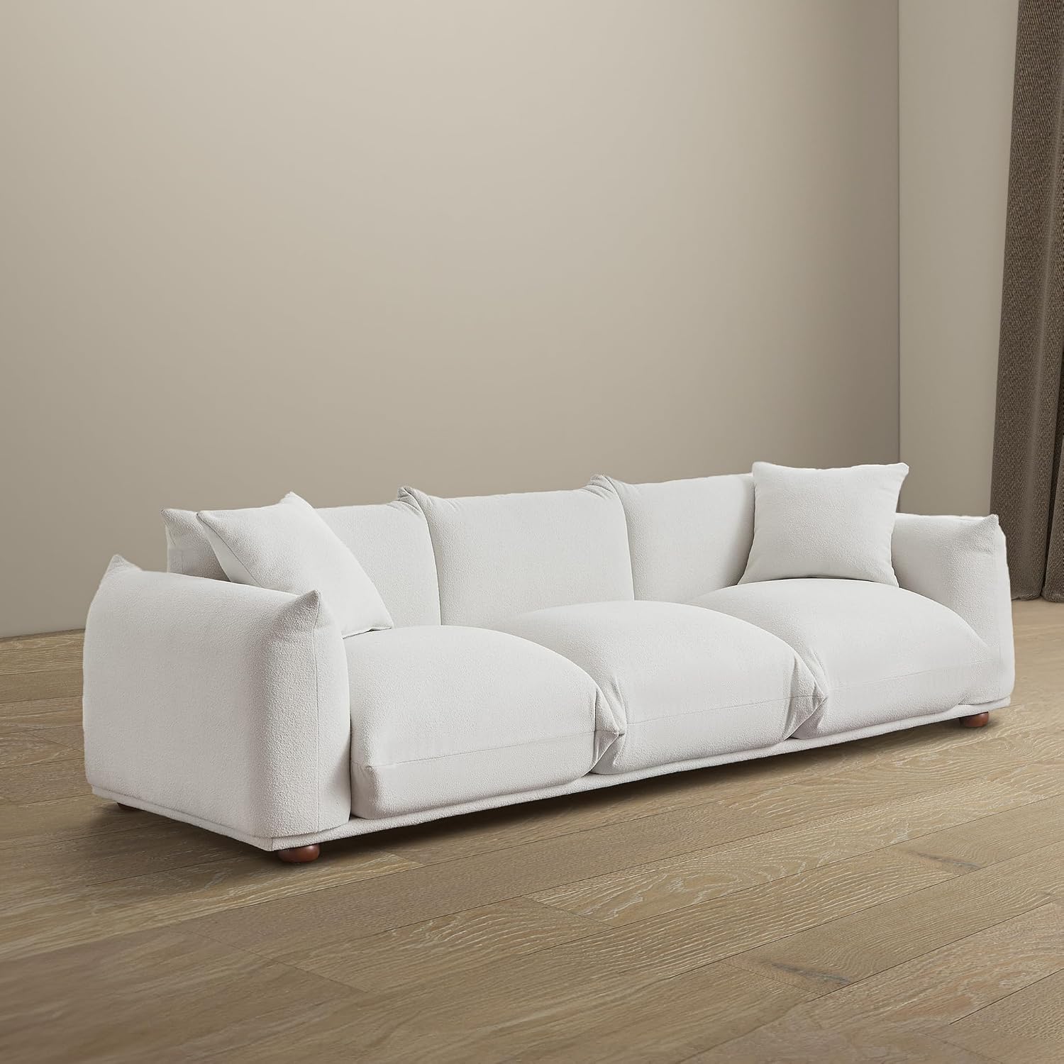 Sofa Couch, 100", 3 Seater, Solid Wood Frame, Boucle, Minimalist, Cream | Mid Century Modern 3 Seater Upholstered Couch, Nordic Minimalist Comfy Sofa, Solid Wood Frame Living Room Furniture