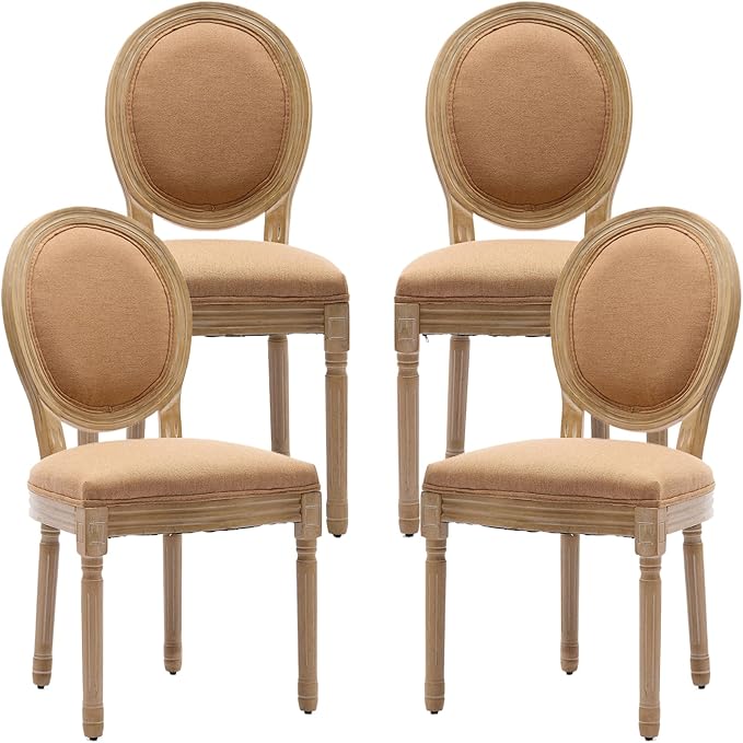 French Country Dining Chairs Set of 4, Caramel Kitchen & Dining Room Chairs Set of 4, Linen Upholstered Dining Chairs, Wood Legs, Sillas De Comedor (Fabric, Amber, 4Pcs)