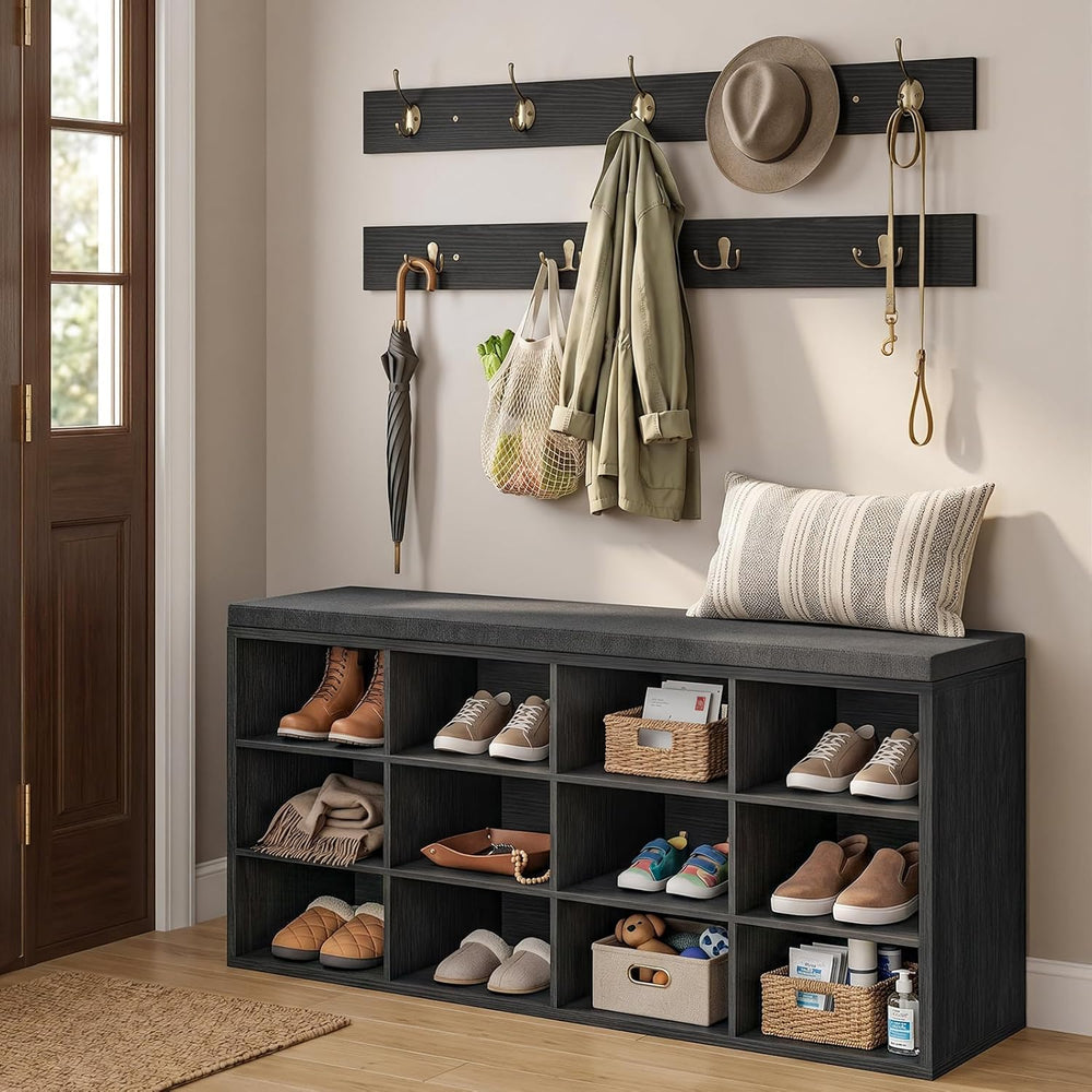 HOOBRO Shoe Storage Bench with Cushion, 39.4" L Entryway Bench with 12 C...