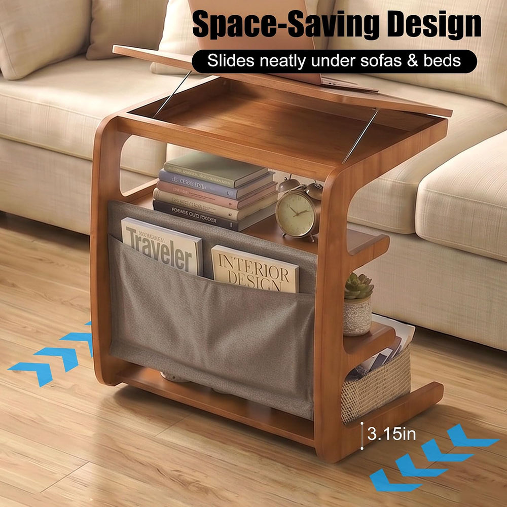 100% Solid Wood C Shaped End Table with Swivel Wheels, Lift Top Couch Table w...
