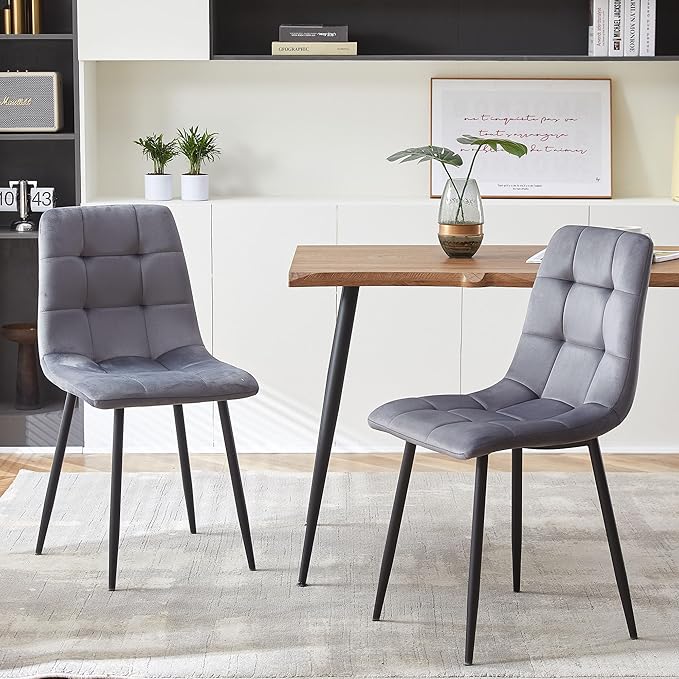 NORDICANA Grey Velvet Dining Chairs Set of 6, Upholstered Tufted Kitchen Chairs, Comfortable Seat, Metal Leg, Easy Assembly