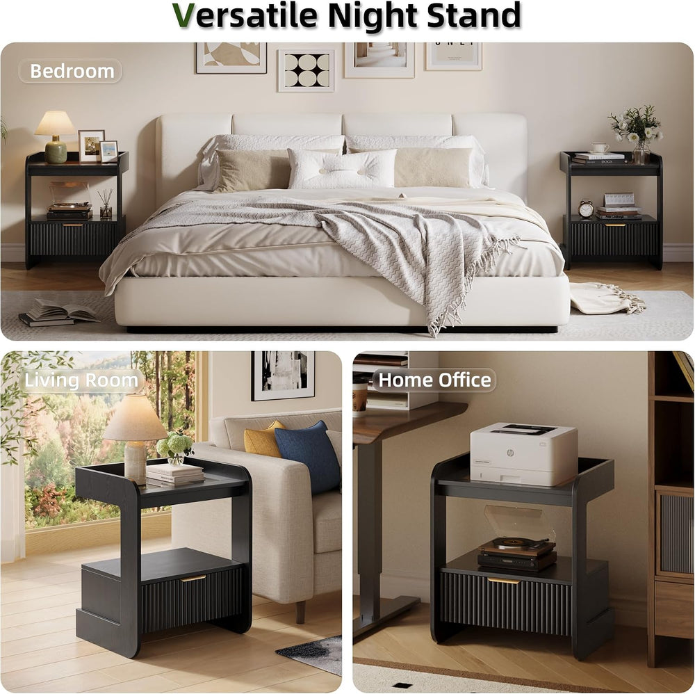 Nightstands Set of 2, Fluted Bedside Tables with Amber Glass Top | Hidden Dra...