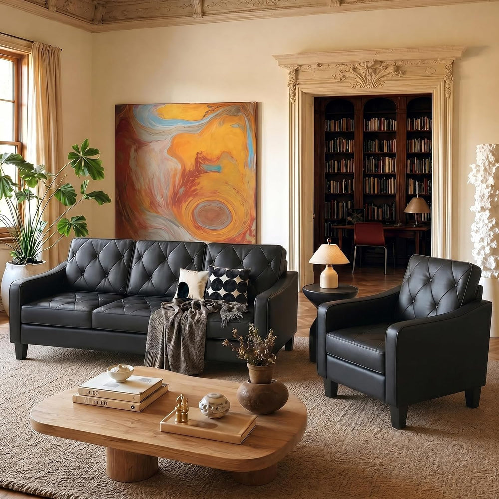 83" Black Faux Leather 3 Seater Couch, Mid Century Tufted Sofa Living Ro...