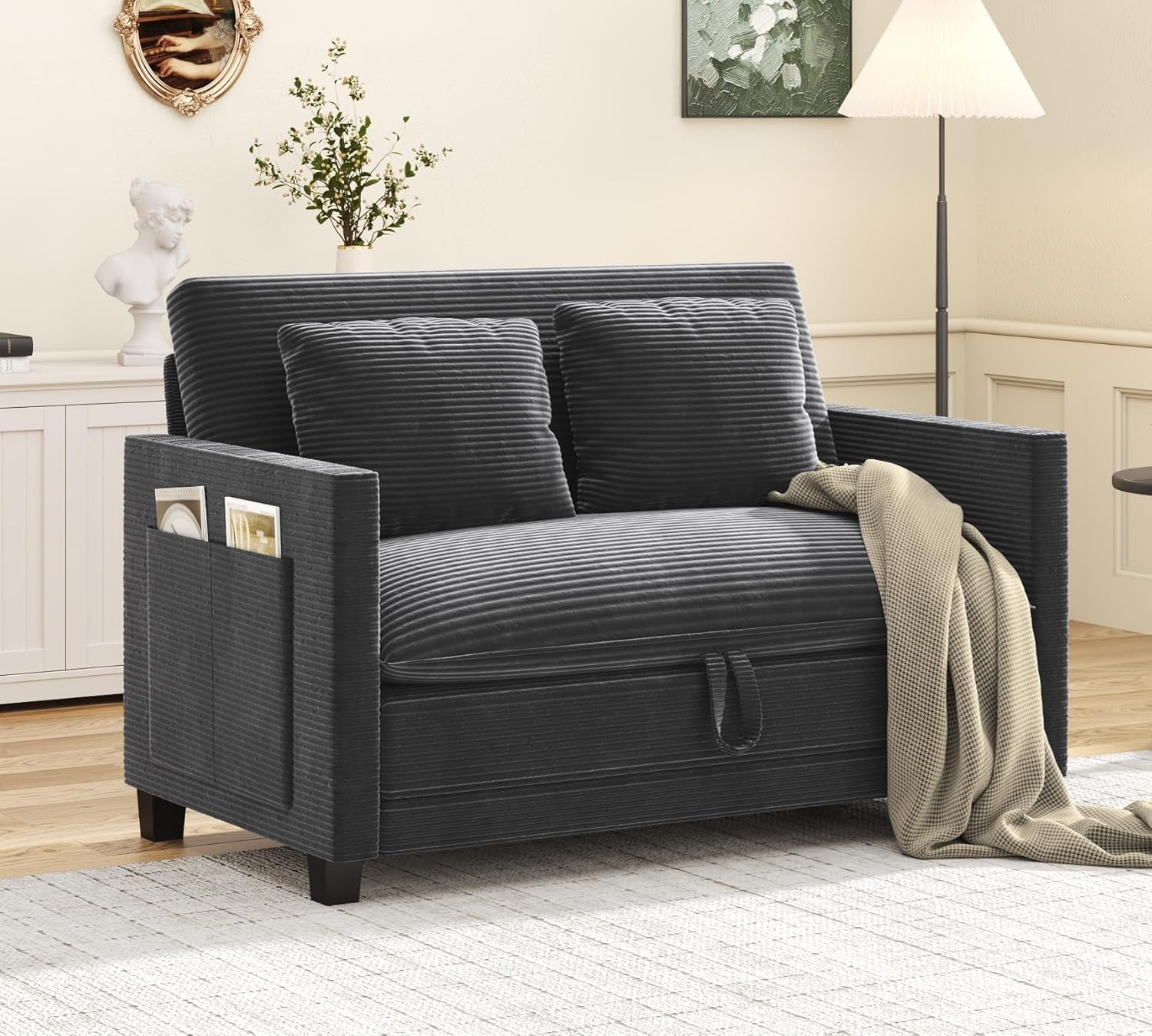 XVD 51 Inch Convertible Sofa Bed Sleeper with Storage Pockets & 2 Pillows - 2-in-1 Folding Loveseat for Small Spaces, Modern Corduroy Loveseat for Apartment, Living Room, Guest Room, Grey