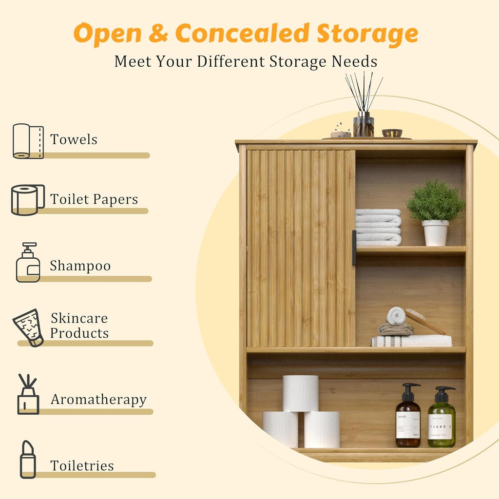 BlueWish Over The Toilet Storage Cabinet, Bamboo Over Toilet Storages with Fluted Door, Over The Toilet Cabinet Bathroom Organizer, Bathroom Shelf Over The Toilet, Storage Rack, Natural