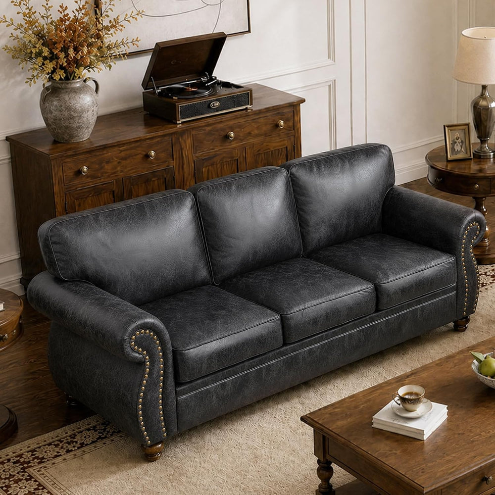 Couchus 88" W 3-Seater Sofa Couch, Faux Leather Fabric Sofas, Grey | Mid...