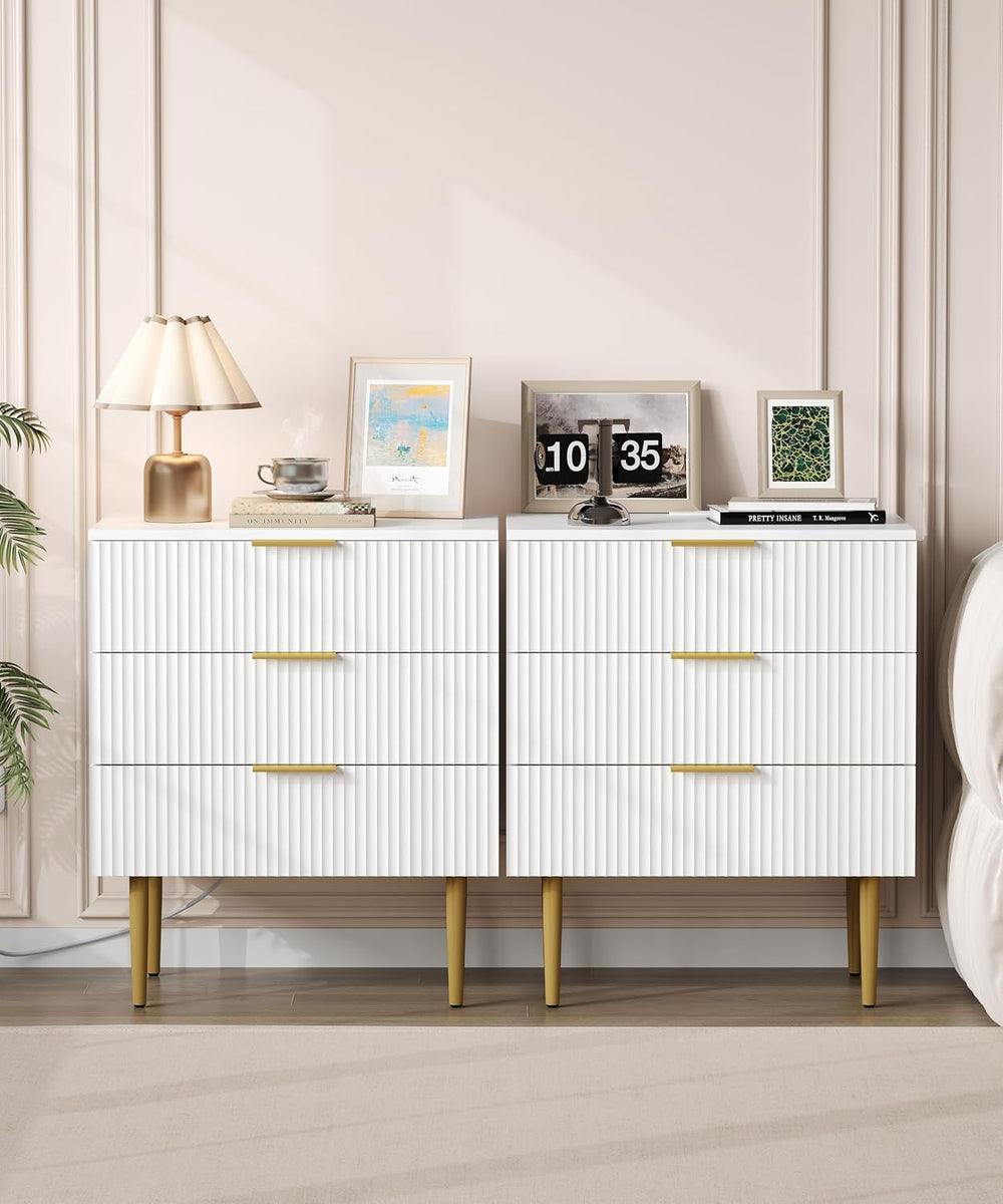 Akxomel Fluted Nightstand Side Table with Charging Station White Bedroom | 3 ...