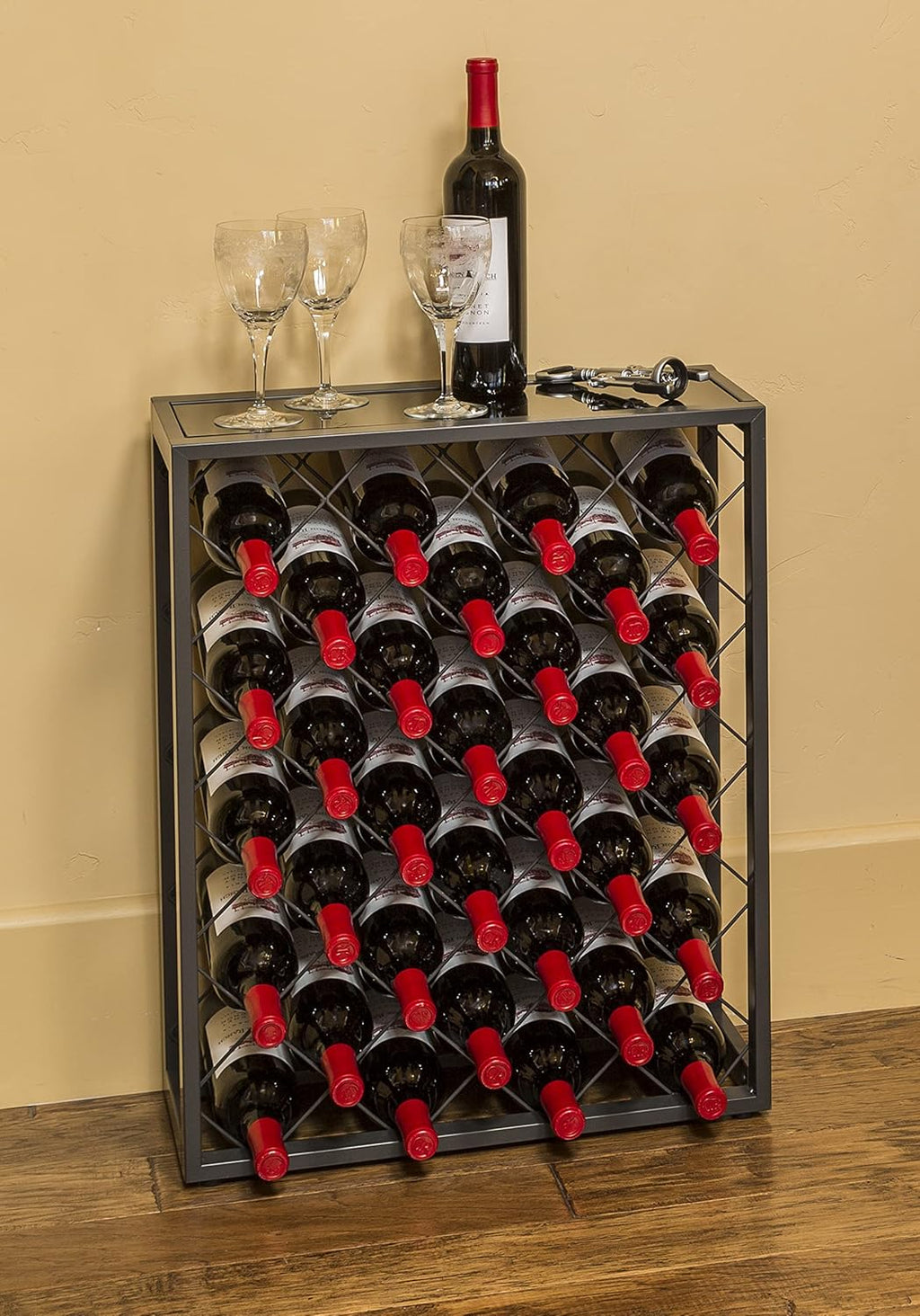 Mango Steam 32 Bottle Wine Rack with Black Glass Top Shelf, Free Standing for Home, Kitchen and Bar