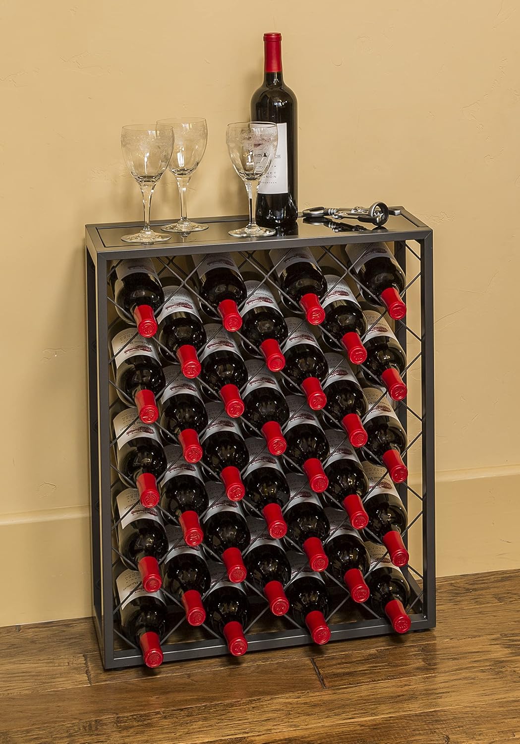 Mango Steam 32 Bottle Wine Rack with Black Glass Top Shelf, Free Standing for Home, Kitchen and Bar