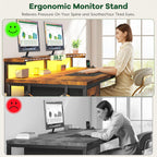 39.3Inch Office Desk with Power Outlet & Drawer, Gaming Desk with CPU Stand& LED Lights,Computer Desk with Ergonomic Monitor Stand for Small Space,Rustic Brown